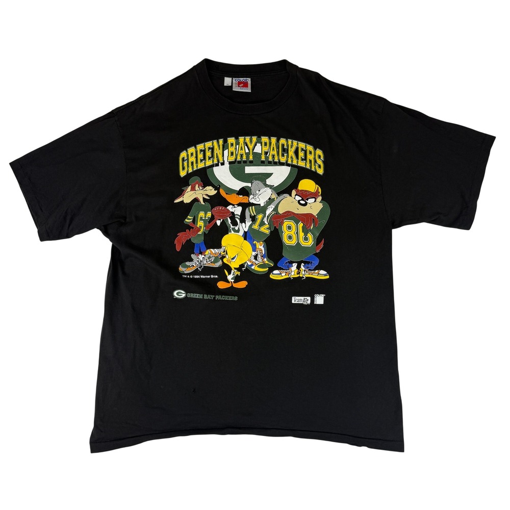 VTG Color Works Green Bay Packers T-Shirt Mens 2XL Black 1994 Looney Tunes